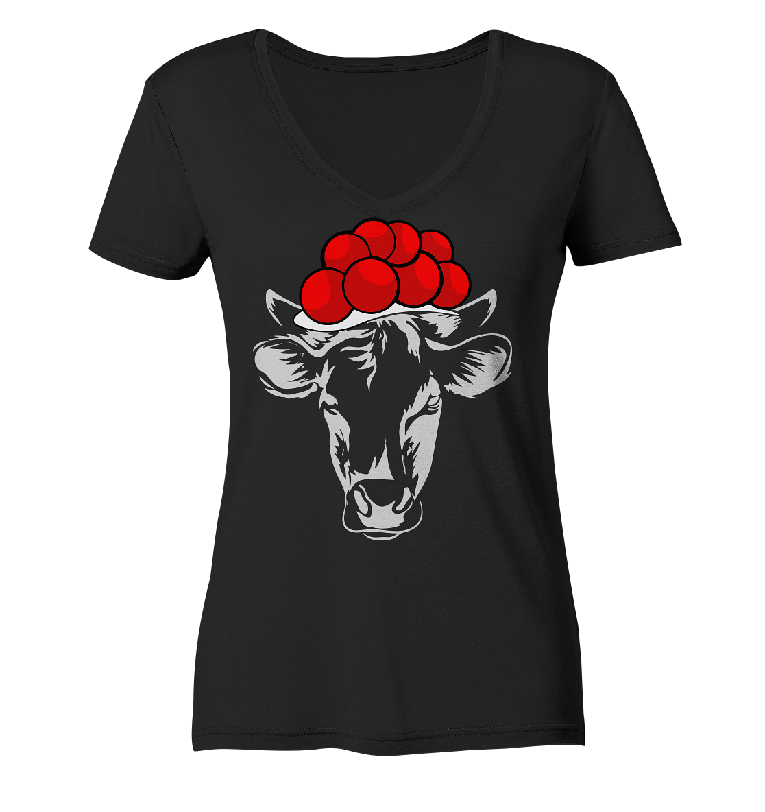 Kuh mit Bollenhut | Damen Bio V-Neck Shirt